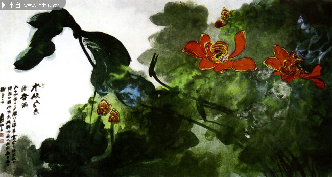 国画图片 勾金红莲