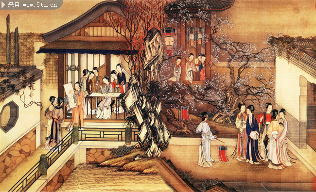 赏梅刺绣仕女图 古画图片