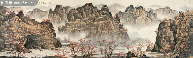 山谷晚秋风景图 中国自然山水国画