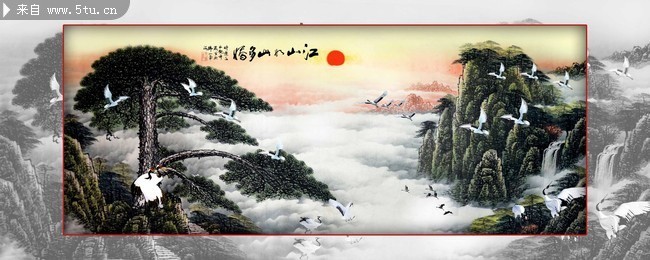 松鹤延年山水国画图片