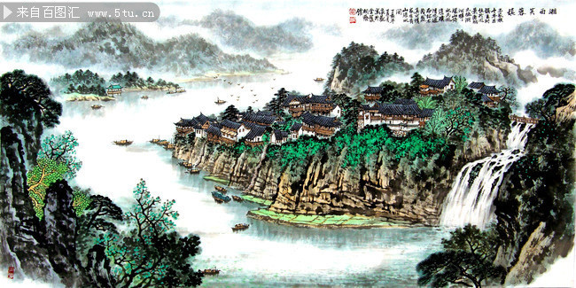 湘西芙蓉镇水墨山水画图片