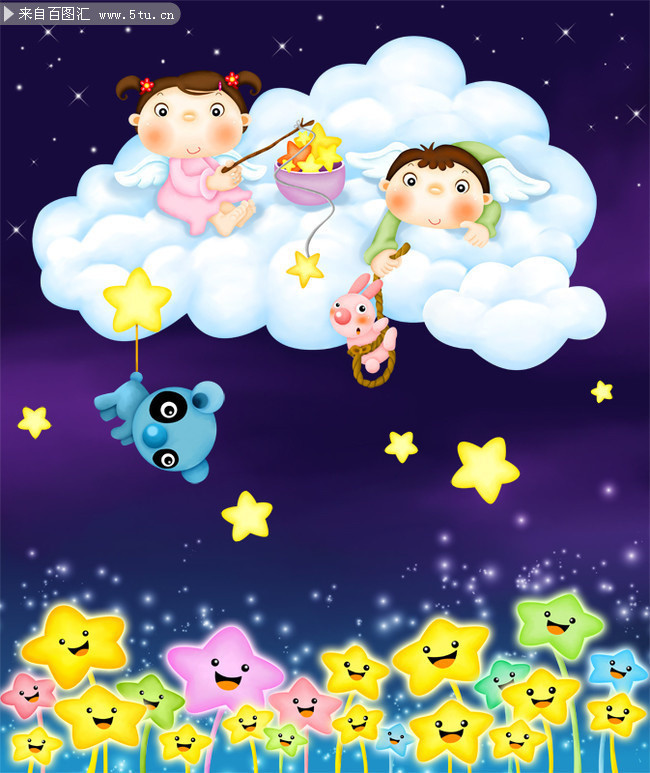 云上钓星星的卡通小孩