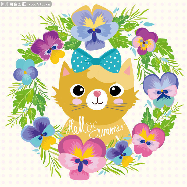 手绘卡通猫咪和花环图片下载