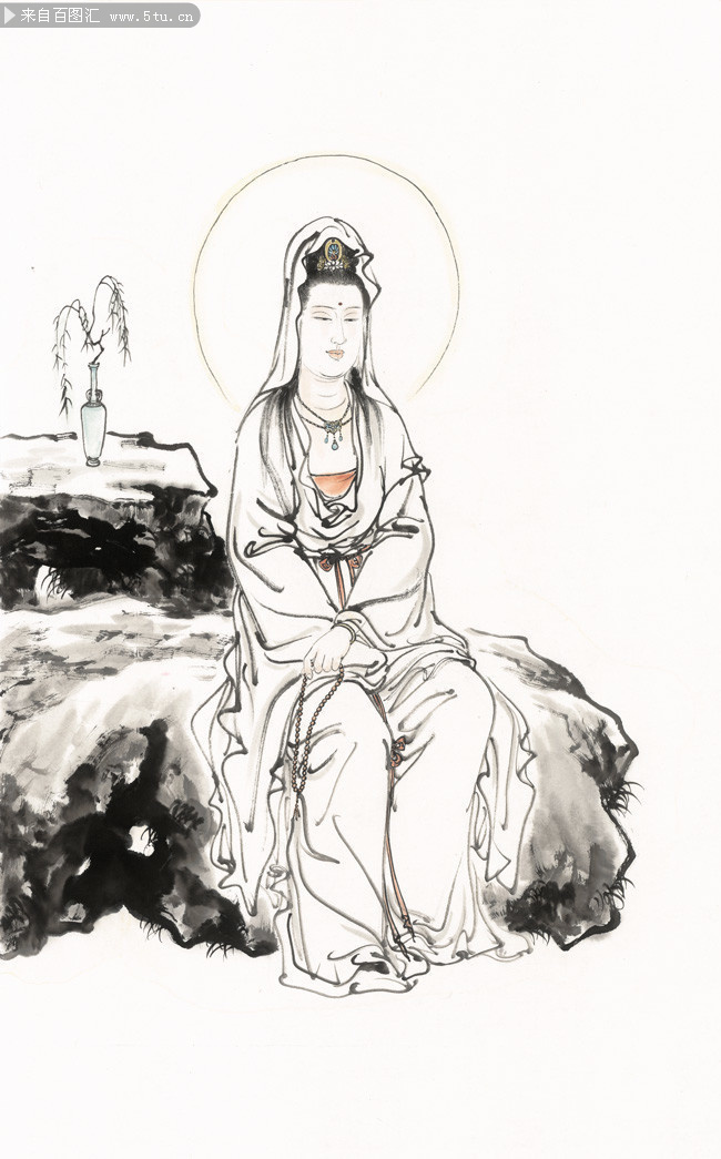 坐姿观音白描佛像图片素材