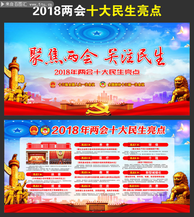 关注2018年两会报告十大民生亮点展板