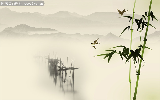 水墨竹子山水风景背景墙