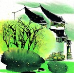 江南建筑写意水彩画图片
