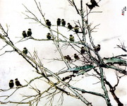 晨曲国画图片 树木鸟儿国画