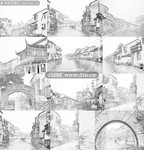 素描江南建筑风景图片