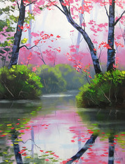 平静的小溪风景油画