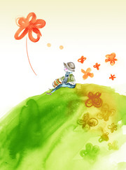 山坡上的小男孩水彩插画