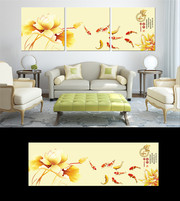 荷花九鱼图家和富贵三拼无框画