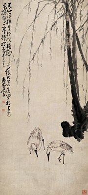 柳塘双鹭图纸本_清_黄慎 