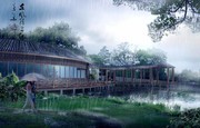 中式古典建筑廊桥雨景效果图