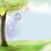 手绘草地风景插画背景图片