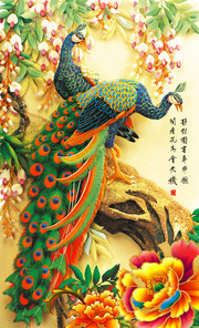 中式装饰画工笔孔雀图片素材