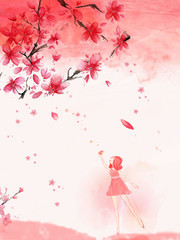 手绘春天粉色花树插画背景