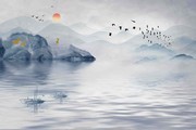水墨山水飞鸟金鹿旭日东升背景画