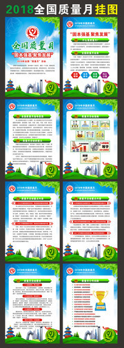 蓝绿色全国质量月挂图展板下载