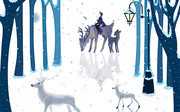 唯美梦幻手绘森林雪景麋鹿背景素材