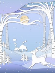 剪纸风森林与鹿雪地奔跑插画背景