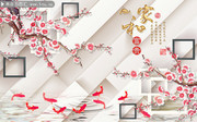 梅花九鱼图电视背景墙装饰画图片