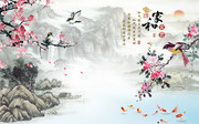 梅花花鸟山水画壁画图片