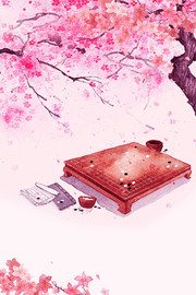 桃花树下棋盘背景图片