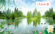 山水湖泊荷塘风景中堂画