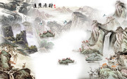 财源广进水墨山水背景墙
