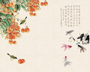 国画荔枝花鸟壁画图片
