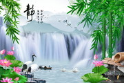 宁静致远绿竹仙鹤瀑布装饰画