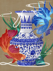 青花瓷锦鲤装饰画图片