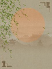 古风立夏柳条圆月背景设计