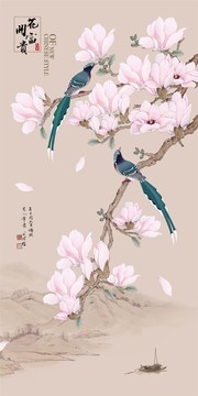 花开富贵花鸟玉兰壁画图片