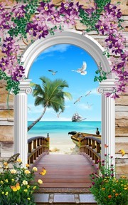 海景罗马柱拱门玄关装饰画