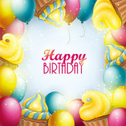 彩色气球和纸杯蛋糕生日贺卡矢量图