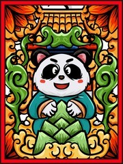 手绘国潮卡通熊猫插画