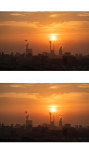 城市建筑和日出的风景摄影图片素材