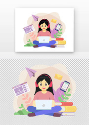 看电脑学习的女孩插画