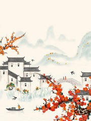徽式建筑手绘风格背景图片下载