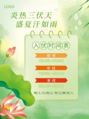手绘绿色三伏天时间表海报