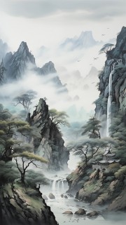 流水生财水墨画图片