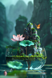 鱼缸和假山创意中国风元素图片