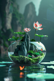 荷花鱼缸造景图片