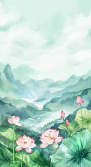 荷花风景插画高清图片