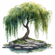 水彩柳树景观绿植图片