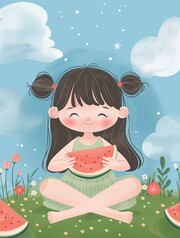 吃西瓜的女孩插画图片素材