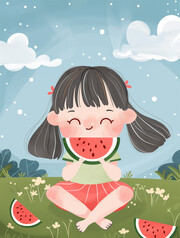 夏天吃西瓜的女孩插画图片