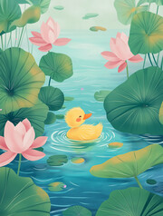 荷塘可爱小鸭子插画背景
